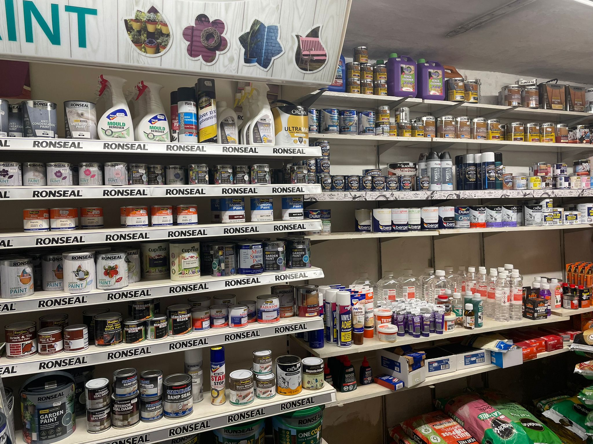 Ronseal, Dulux, Crown and Berger paint shelves